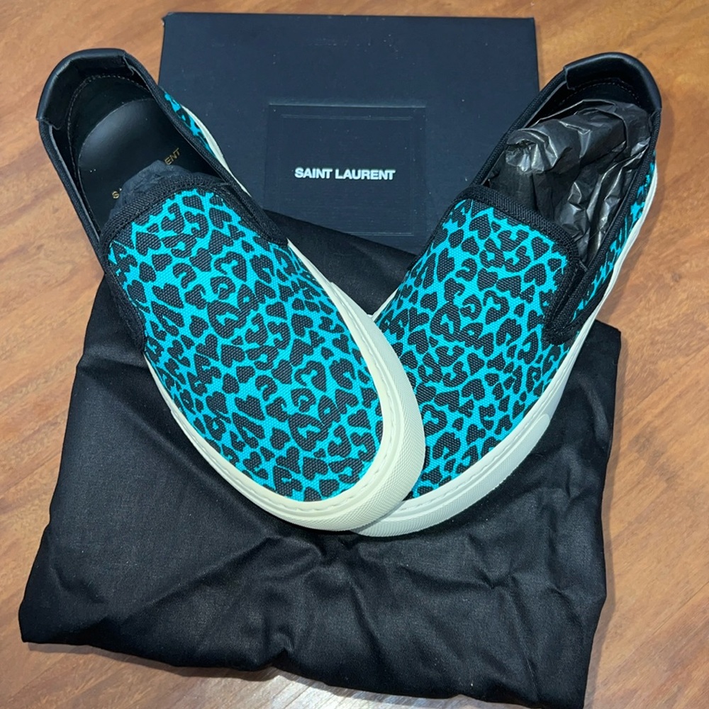 YSL Yves Saint Laurent Aqua Leopard Print Venice Low Slip on Sneakers New - Picture 1 of 7